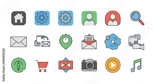 Modern UI Icons Set: Home, Settings, User, Search, Mail, Camera, Music, Cart