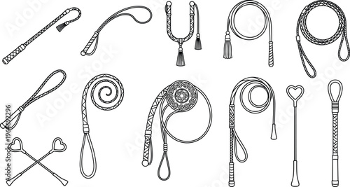 Vector illustration collection of various decorative leather whips and riding crops in a black and white hand drawn line art style.