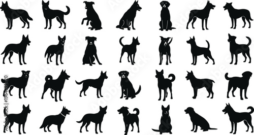Vector silhouette collection featuring various dog breeds in different poses like sitting and standing isolated on a clean white background.