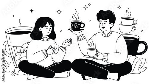 Cozy Coffee Conversation Illustration, Couple Drinking Hot Beverages at Home
