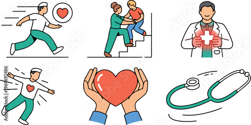 Medical care and healthy heart vector icon set with running doctor and patient assistance.