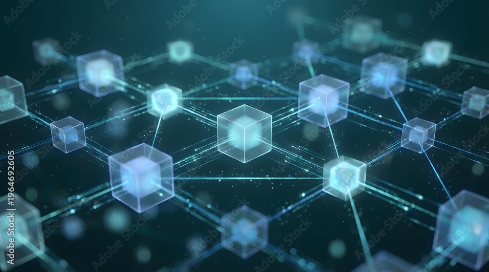 Obraz premium Futuristic blue 3D transparent cubes network with glowing data connection lines on dark background