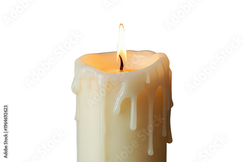 White pillar candle slowly burning, wax melting and dripping down its side, generating a warm glow and soft light. Transparent background