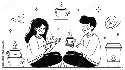 Cozy Coffee Conversation Illustration, Couple Drinking Hot Beverages at Home