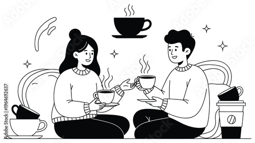 Cozy Coffee Conversation Illustration, Couple Drinking Hot Beverages at Home