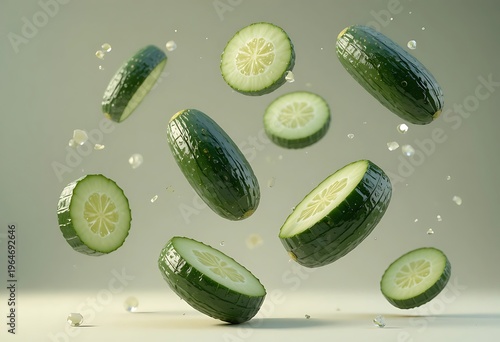 Whole and sliced Armenian cucumbers (Cucumis melo var. flexuosus) levitate in a dynamic composition with water droplets, showcasing fresh, healthy produce for culinary and agricultural themes.