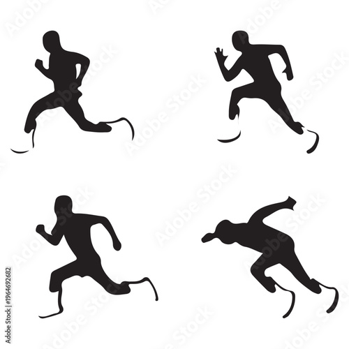 Stylized Black Silhouettes of Four Running Athletes with Prosthetics