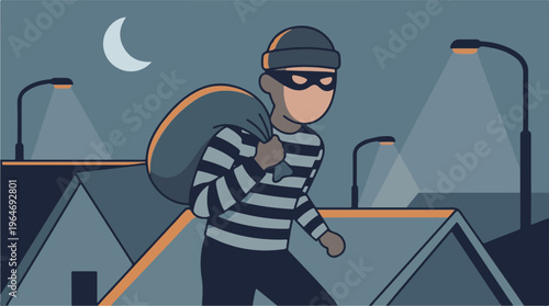 Illustration of a burglar on rooftops at night carrying a sack of goods