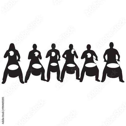 Abstract Black Silhouette Drummers Performing Music in a Row Vector.