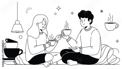 Cozy Coffee Conversation Illustration, Couple Drinking Hot Beverages at Home