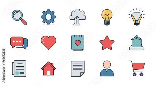 Modern Flat Icons Set: Search, Gear, Cloud, Lightbulb, Idea, Chat, Heart, Note, Star, Bell, Document, Home, User, Cart