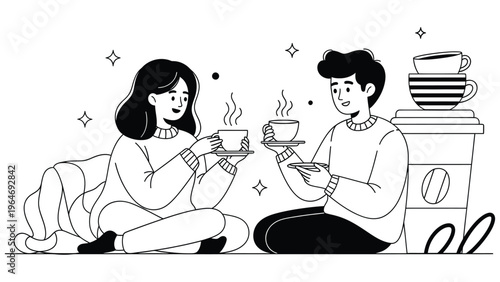 Cozy Coffee Conversation Illustration, Couple Drinking Hot Beverages at Home