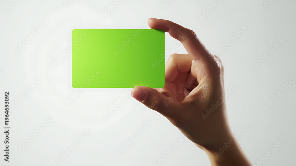 Obraz premium Human Hand Hold a Bright Green Blank Card with Rounded Corners on a Clean White Background, Ideal for Custom Text or Graphic Overlay