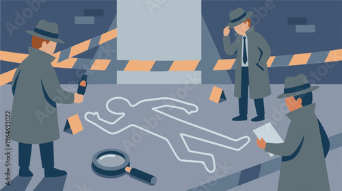 Detectives Investigating a Crime Scene with Chalk Outline and Evidence
