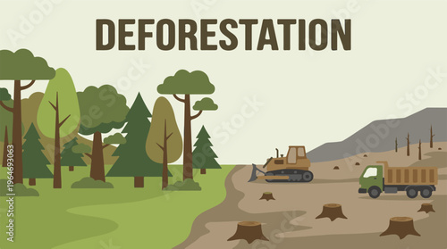 Deforestation illustration showing forest and cleared land with logging equipment