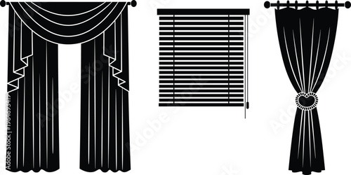 Black window treatment collection including elegant curtains with valance venetian blinds and draped fabric set isolated on white background interior home decor design vector