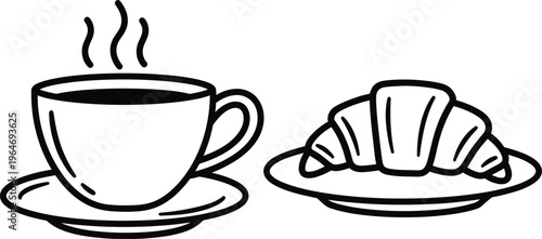 Coffee cup with steaming hot beverage and croissant pastry with hot drink with line art