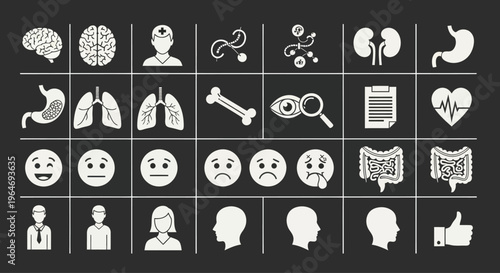 Medical Icons Set: Human Organs, Health, Emotions, and People Silhouettes