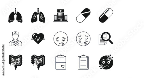 Medical Icons Set: Lungs, Hospital, Doctor, Pills, Heartbeat, Illness, Organs