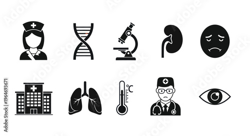 Medical Icons Set: Nurse, DNA, Microscope, Kidney, Sad Face, Hospital, Lungs, Thermometer, Doctor, Eye