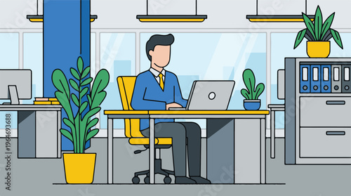 Businessman working on laptop in modern flat design office environment