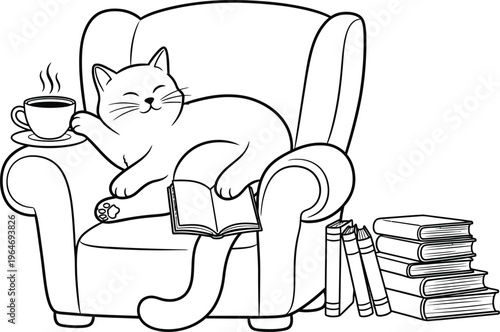 Cozy white cat lounging in an armchair with a book and coffee cup surrounded by stacks of books