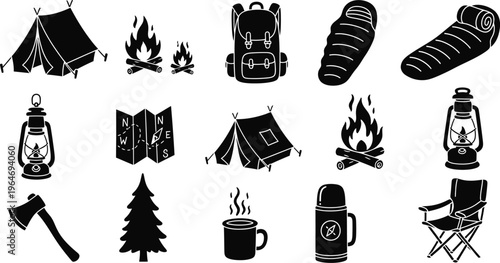Camping equipment icons set with tent backpack campfire sleeping bag and lantern black silhouettes