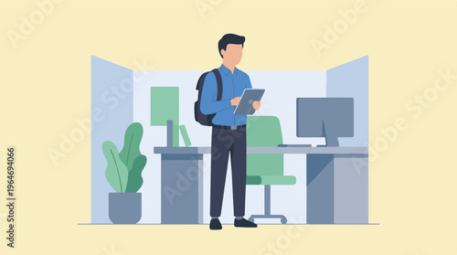 Professional man standing with tablet in minimalist office cubicle