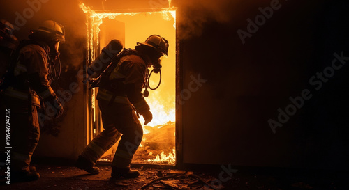 Firefighters battling flames in heated rescue operation during emergency situation