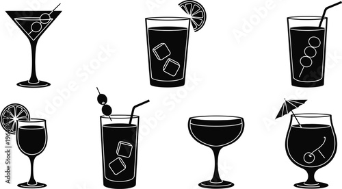 Cocktail and drink icons set with martini glass tropical beverage and ice cubes black silhouettes