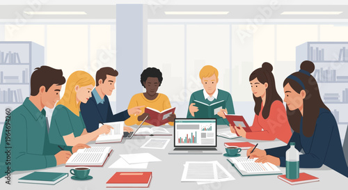 This flat design vector illustration depicts a diverse group of university students diligently engaged in a collaborative study session within a contemporary campus library setting. 
