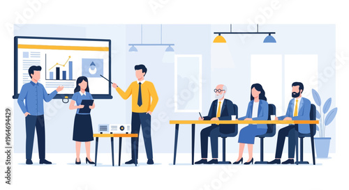 This flat design vector illustrates university students confidently presenting their final project or thesis defense to professors, symbolizing the culmination of their academic journey.