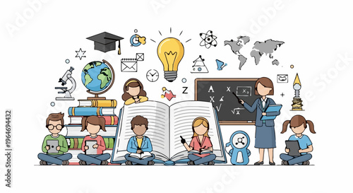 Engaging Education - A Vibrant Illustration of Learning and Discovery with Students and Teacher.