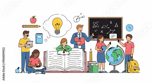 Diverse students and teacher engaged in learning activities, fostering knowledge and collaboration.