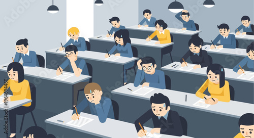 A flat design vector illustration capturing the tense atmosphere of university students taking an exam, conveying stress and focus during a critical academic period. 