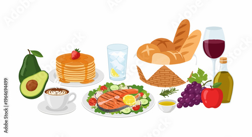 A colorful and diverse breakfast spread with avocado, pancakes, salmon, bread, and beverages.