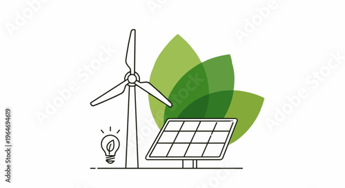 Renewable Energy Sources - Wind Turbine, Solar Panel, and Green Leaves.