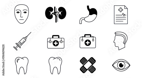 Medical Icons Set: Healthcare, Diagnosis, and Treatment Symbols