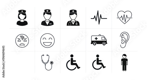 Medical Icons Set: Healthcare, Doctor, Nurse, Ambulance, Heartbeat, Stethoscope, Emotion
