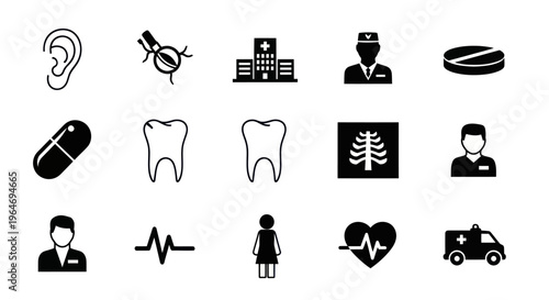 Medical Icons Set: Healthcare, Hospital, Doctor, Dentist, Pharmacy, Ambulance, DNA
