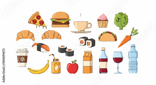 Diverse Food and Drink Collection - Pizza, Burger, Sushi, and More.