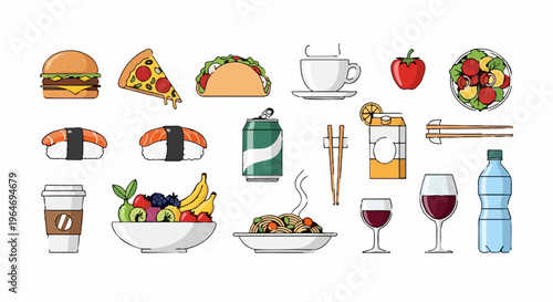 Diverse Food and Drink Collection - A Colorful Culinary Assortment.