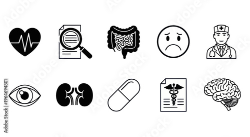 Medical Icons Set: Heart, Brain, Doctor, Kidney, Eye, Gut, Sad Face, Pill