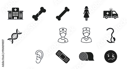 Medical Icons Set: Hospital, Bones, DNA, Nurse, Ambulance, Ear, Bandage, Sad Face