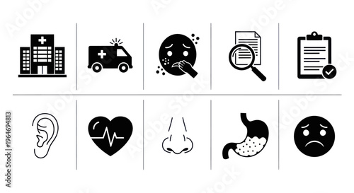 Medical Icons Set: Hospital, Ambulance, Skin, Health Check, Ear, Heart, Nose, Stomach, Face