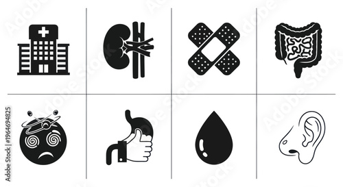 Medical Icons Set: Hospital, Kidney, Bandages, Intestines, Dizzy Face, Stomach, Blood Drop, Ear