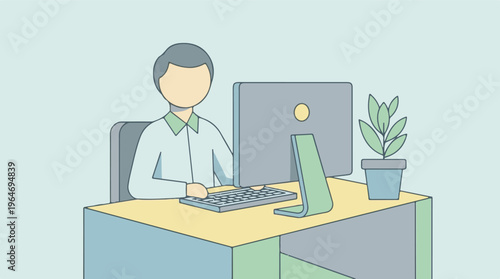 Minimalist illustration of a person working at a desk with a computer and plant