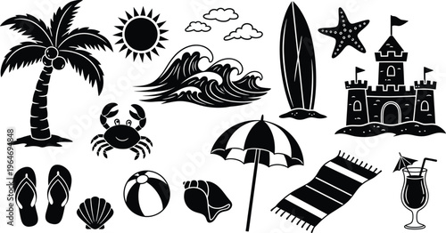 Tropical beach vacation silhouettes with sandcastle waves surfboard umbrella sun and palm tree