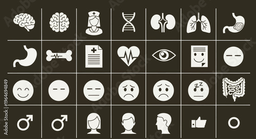 Medical Icons Set: Human Anatomy, Health, Emotions & Gender Symbols