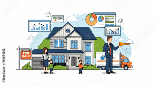 Real Estate Transaction Illustration with Family and Agent.